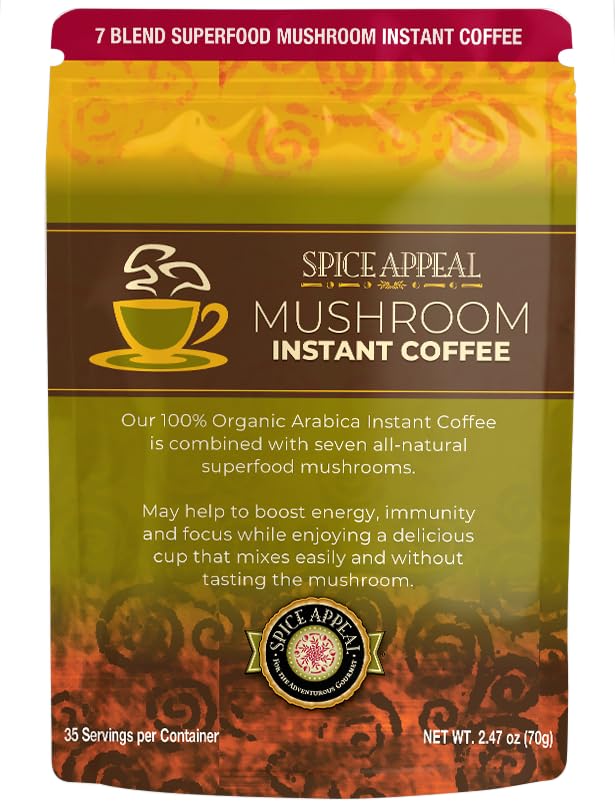 Spice Appeal Mushroom Instant Coffee packaging showcases premium blend for everyday energy.
