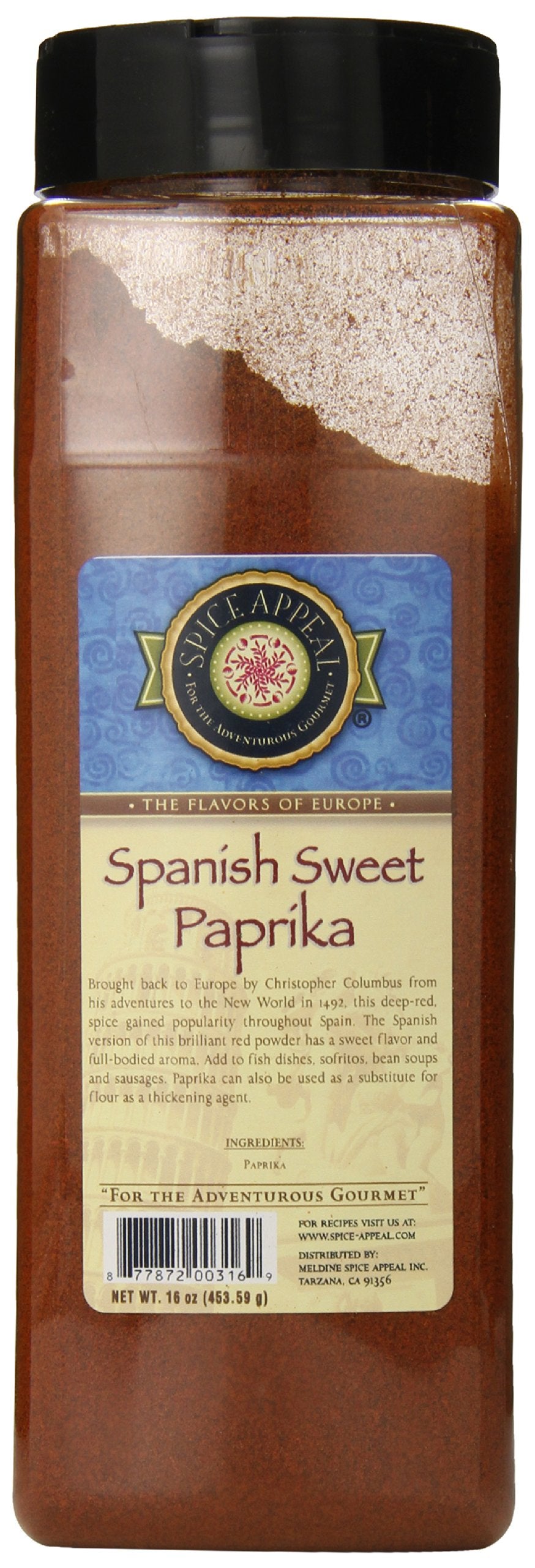 Spice Appeal Spanish Sweet Paprika label front adds vibrant color for versatile seasoning.
