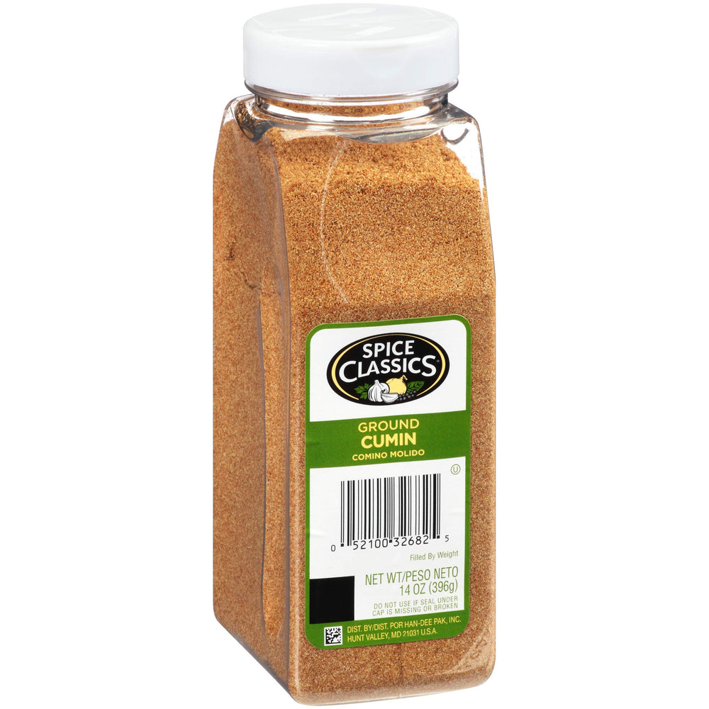 Spice Classics Ground Cumin 14 oz container on shelf adds earthy aroma to dishes.