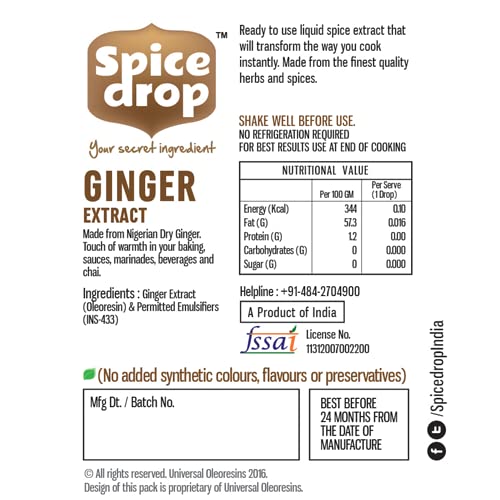 Ginger extract drops on a measuring spoon showing convenient one-drop flavor boost.