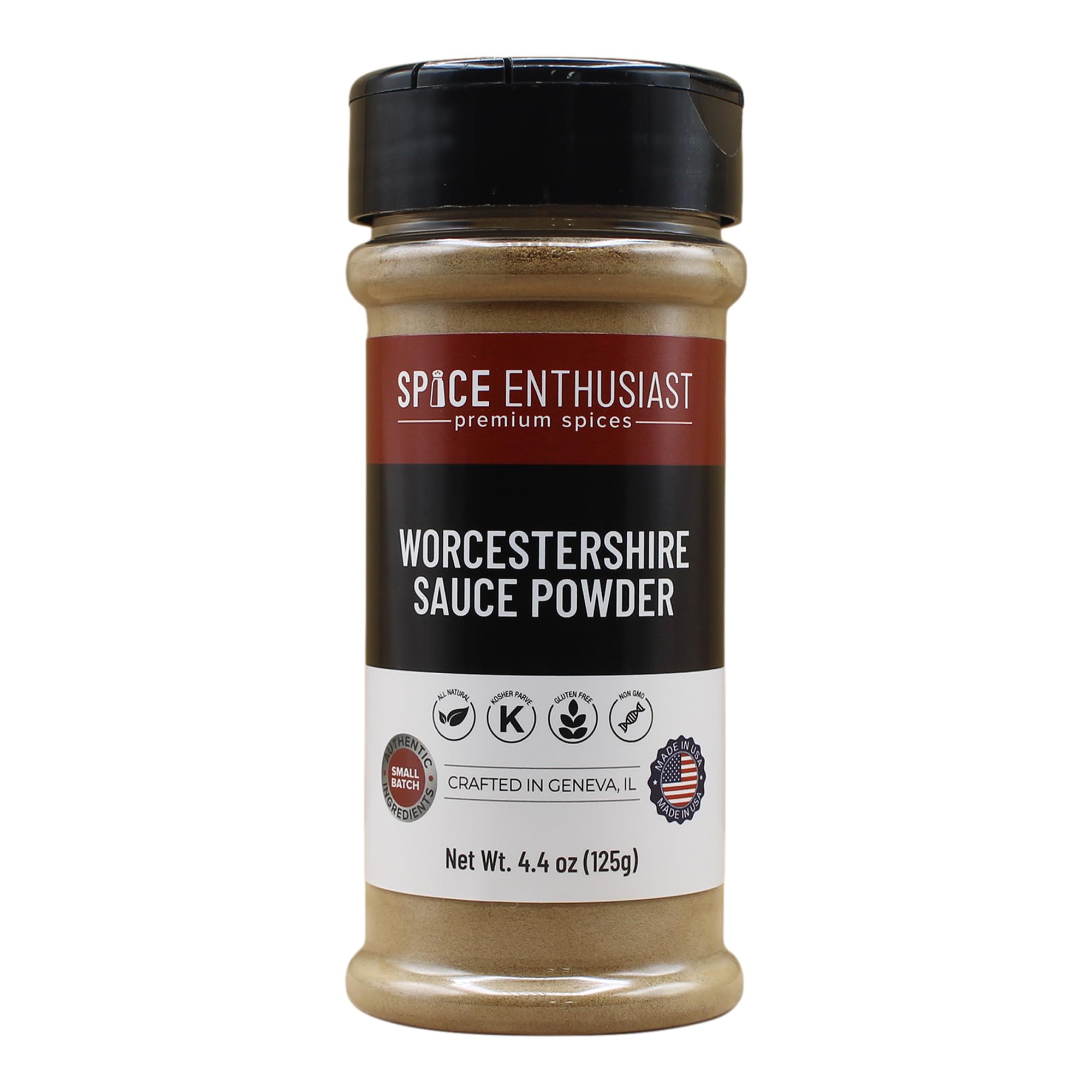 SPICE ENTHUSIAST Worcestershire Sauce Powder bottle-front for quick umami flavor boost.