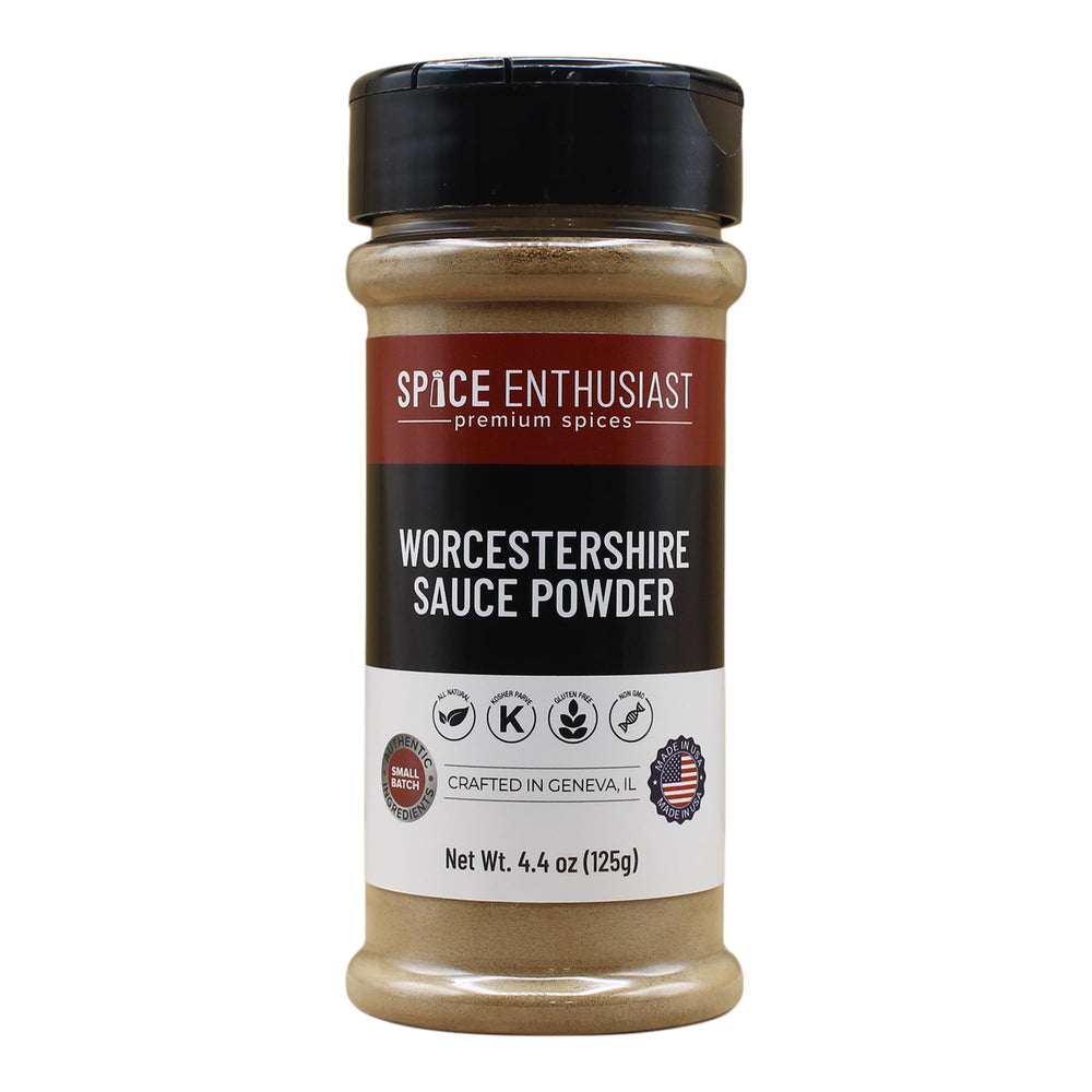 SPICE ENTHUSIAST Worcestershire Sauce Powder bottle-front for quick umami flavor boost.