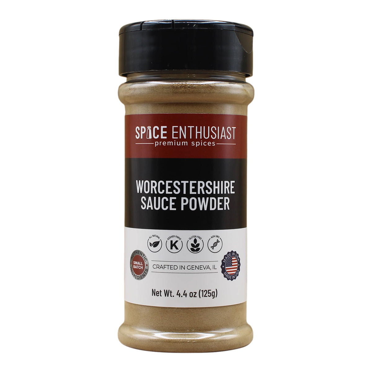 SPICE ENTHUSIAST Worcestershire Sauce Powder bottle-front for quick umami flavor boost.