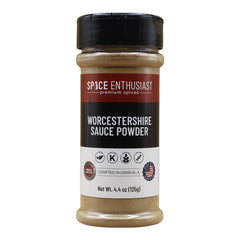 SPICE ENTHUSIAST Worcestershire Sauce Powder bottle-front for quick umami flavor boost.