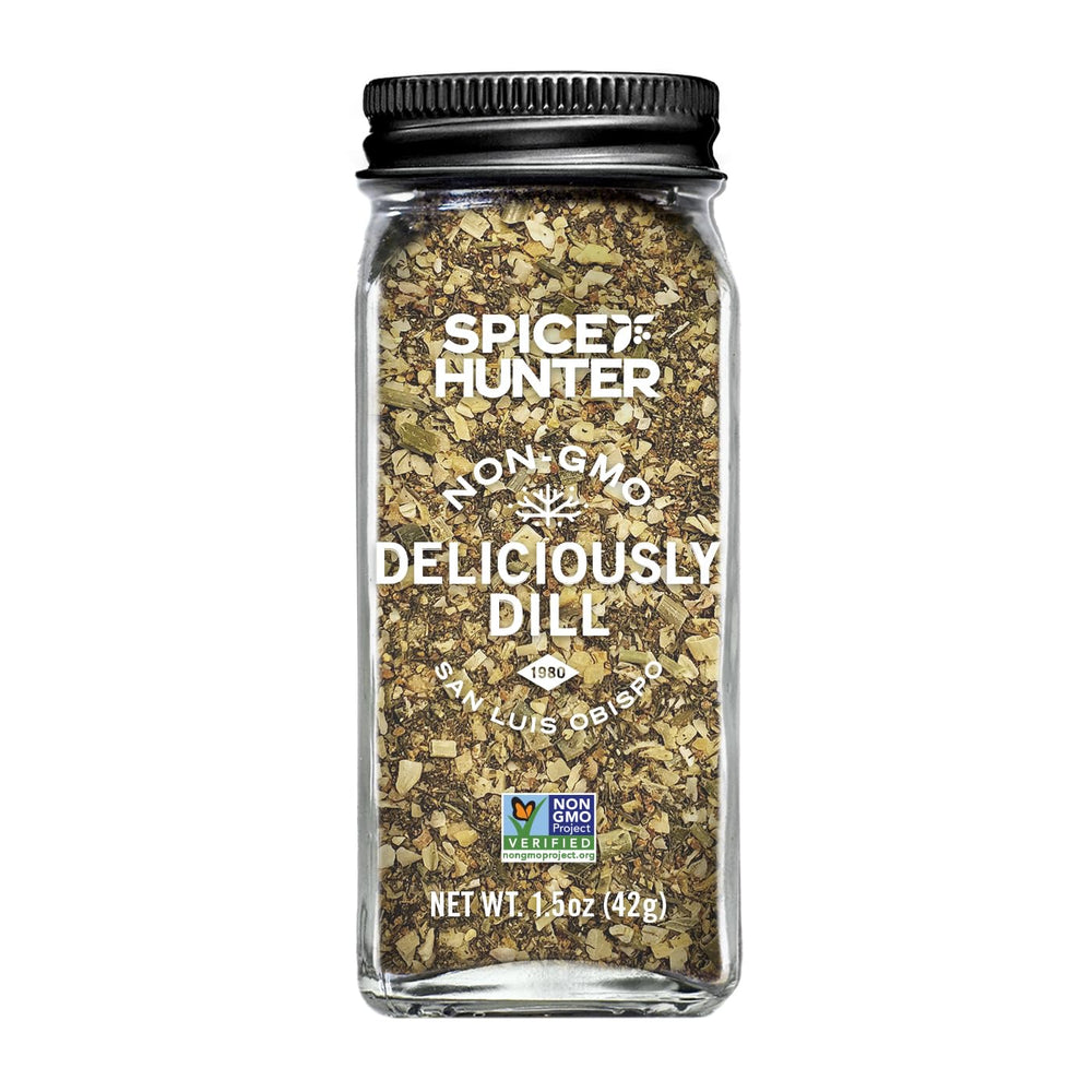 Spice Hunter Deliciously Dill Blend jar highlights fresh dill flavor for eggs, potatoes, and dips.