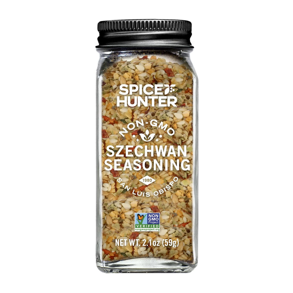 Spice Hunter Szechwan Seasoning Blend bottle elevates stir-fries with bold aroma.