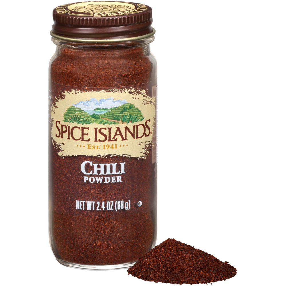 Spice Islands Chili Powder jar front view highlighting authentic flavor potential.