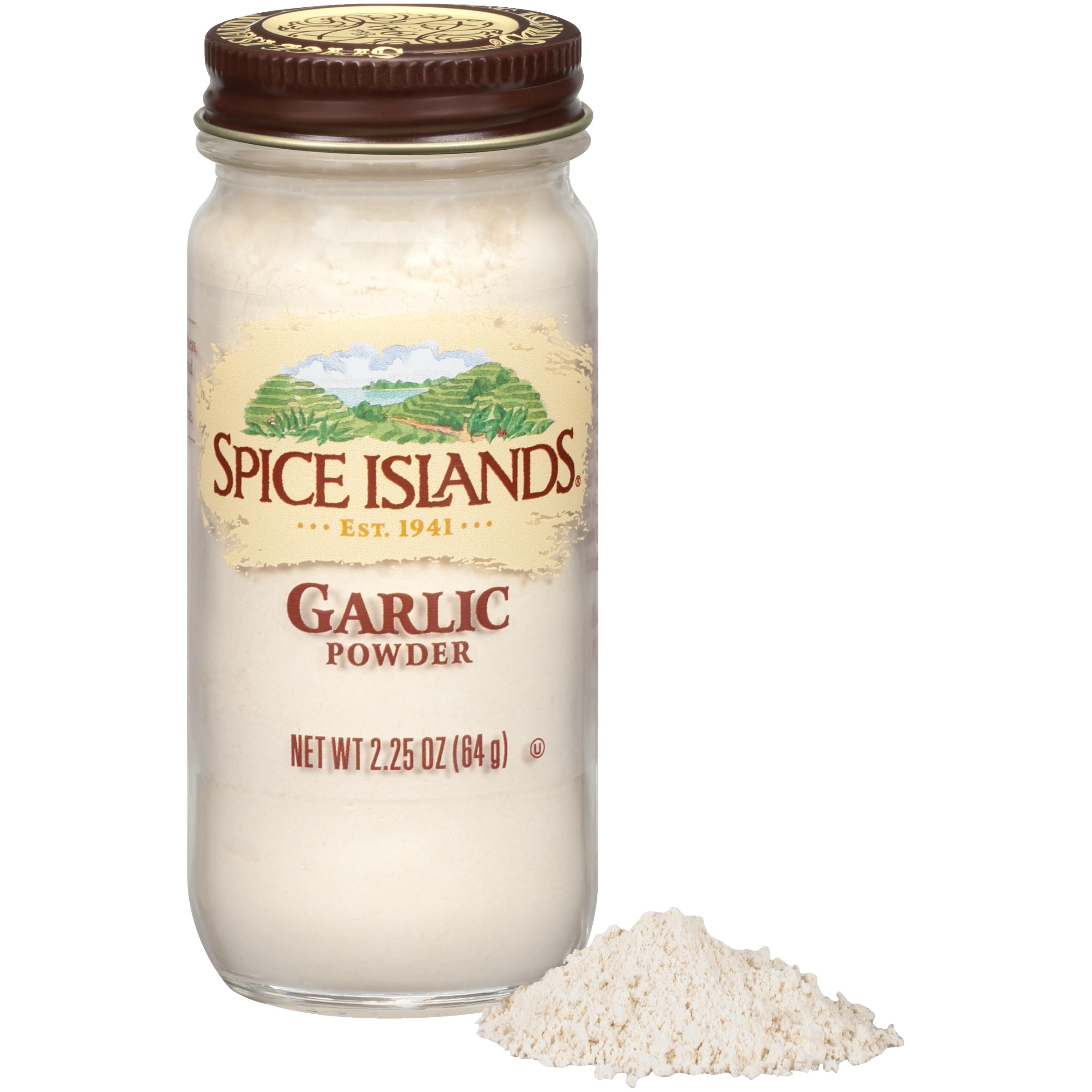 Close-up of Spice Islands Garlic Powder label highlights a clean, filler-free seasoning.