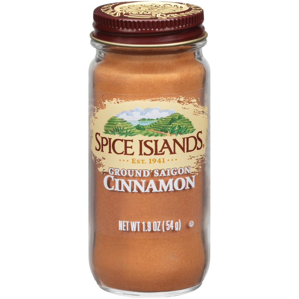 Spice Islands ground cinnamon bottle for easy recipe addition.