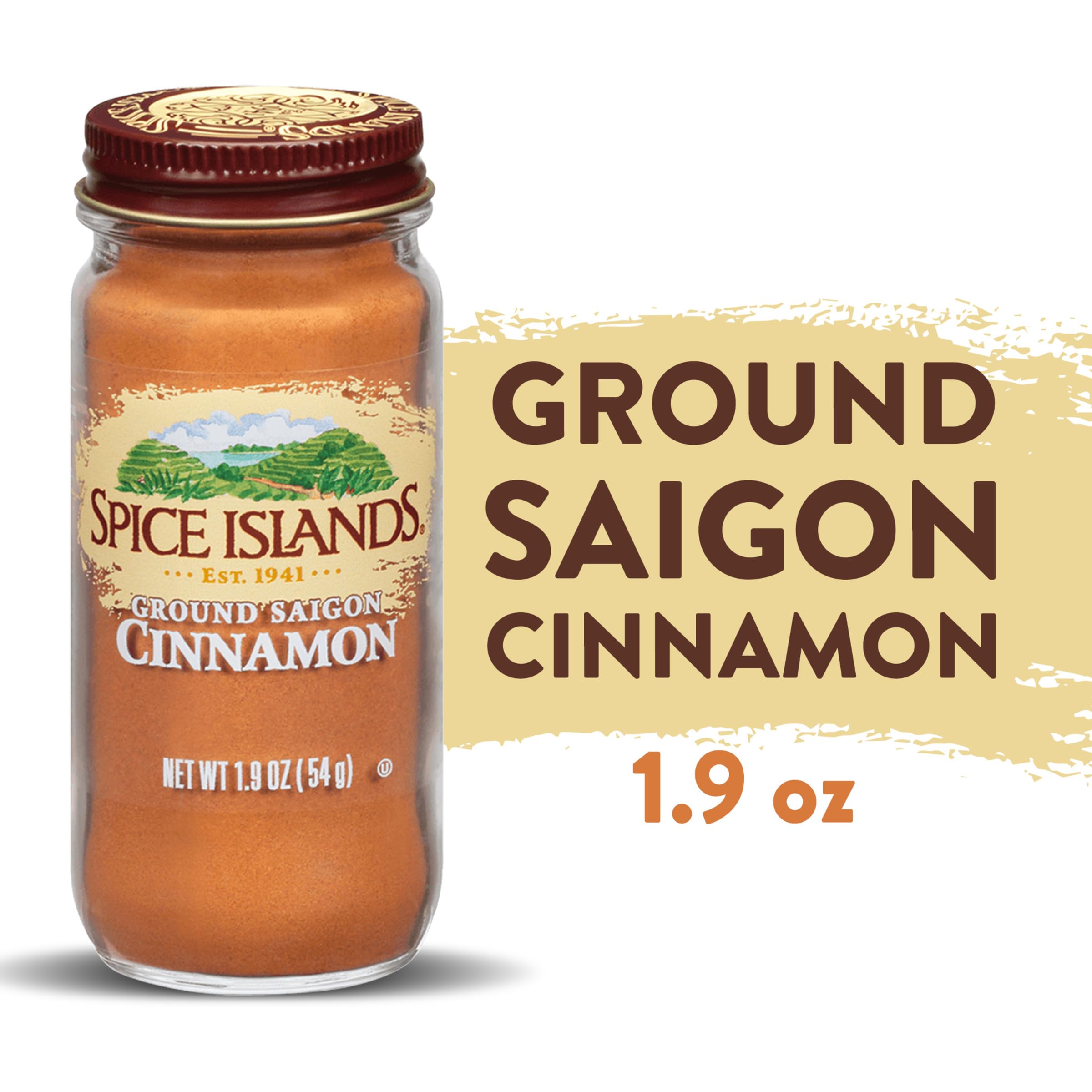 Spice Islands cinnamon powder close up highlights rich hue.