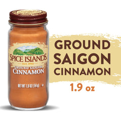 Spice Islands cinnamon powder close up highlights rich hue.