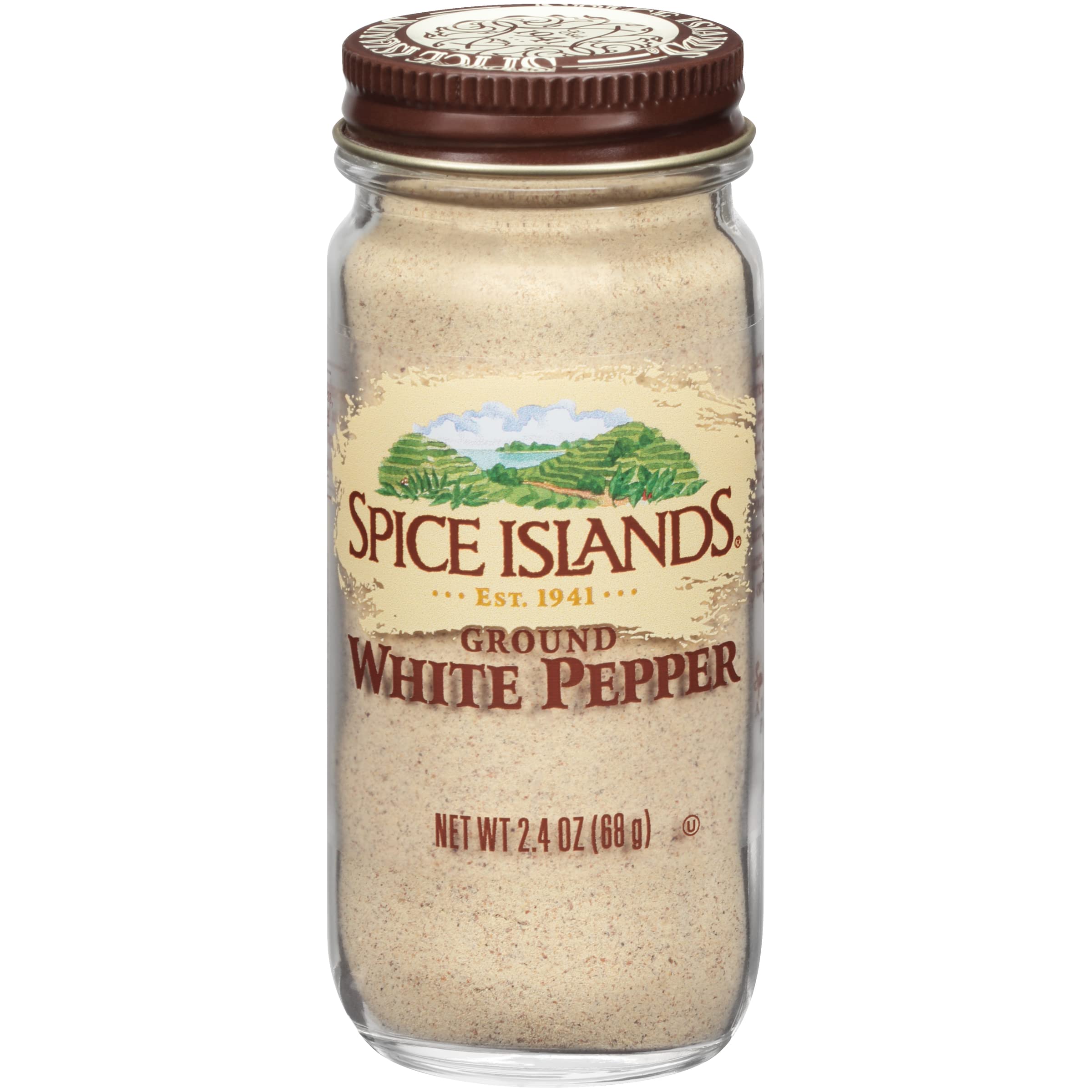 Spice Islands Ground White Pepper jar close-up showing premium light pepper aroma
