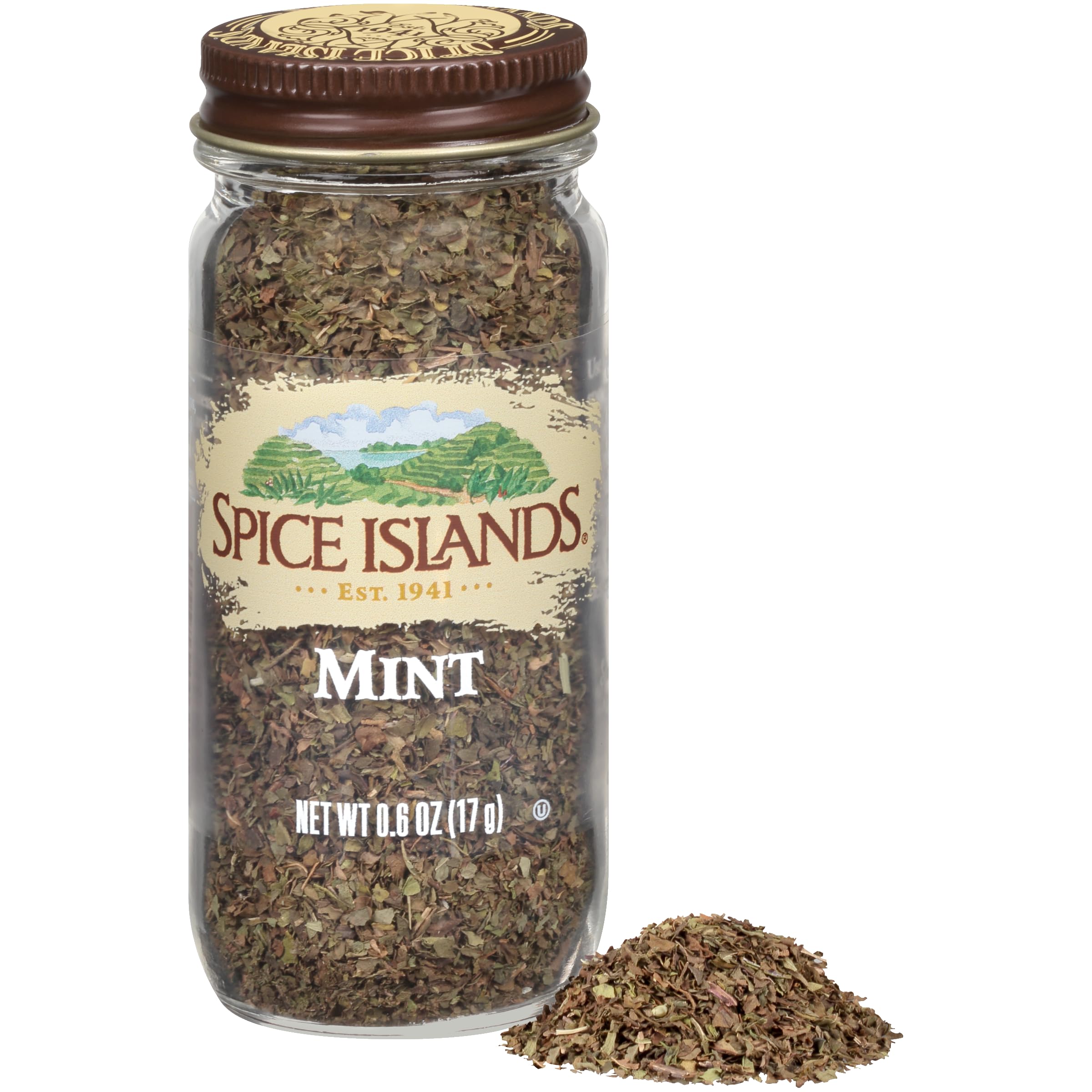 Spice Islands Mint Leaves closeup of vibrant sprigs for garnish and aroma.