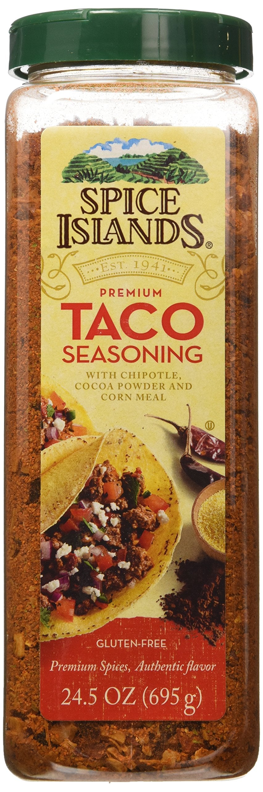 Spice Islands Premium Taco Seasoning pour of chipotle cocoa powder for depth.