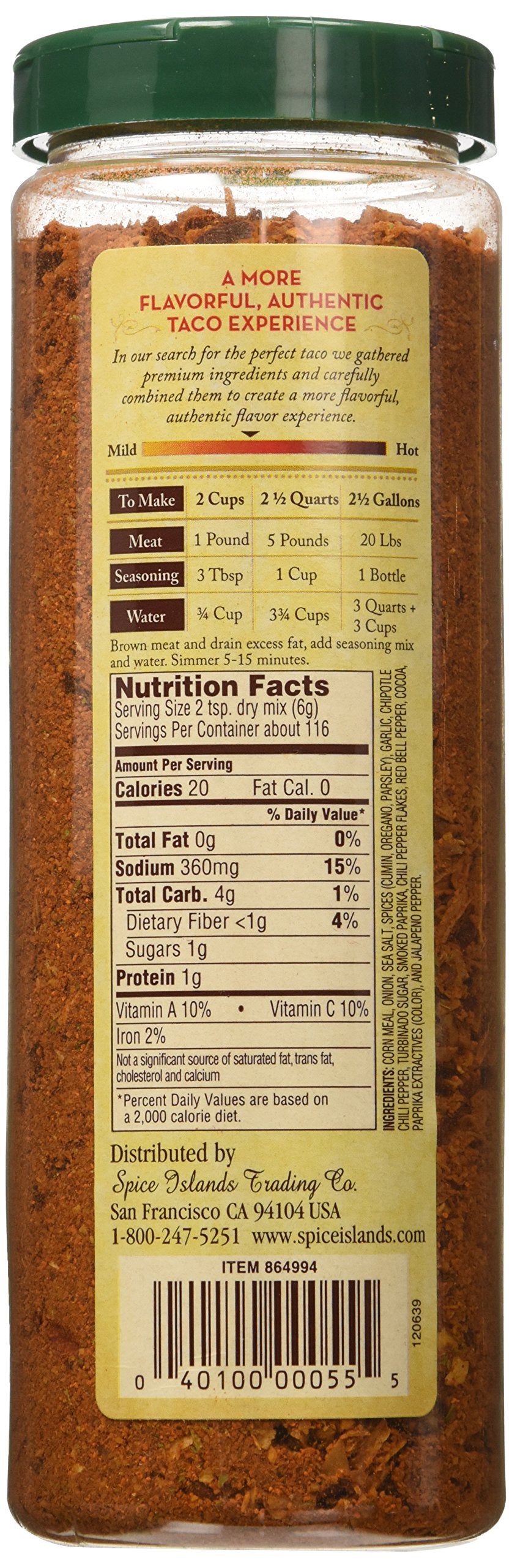 Spice Islands gluten-free taco seasoning label indicates a gluten-free option.