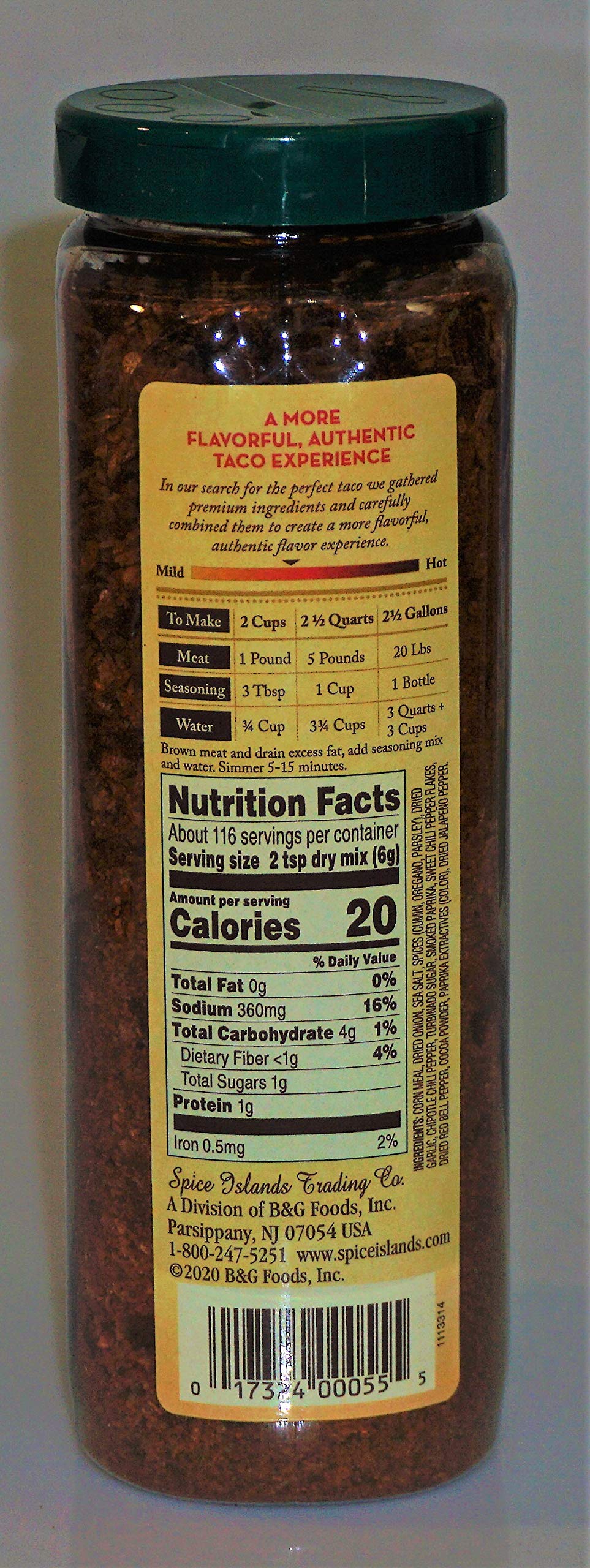 Spice Islands Premium Taco Seasoning jar label closeup highlighting gluten-free option.