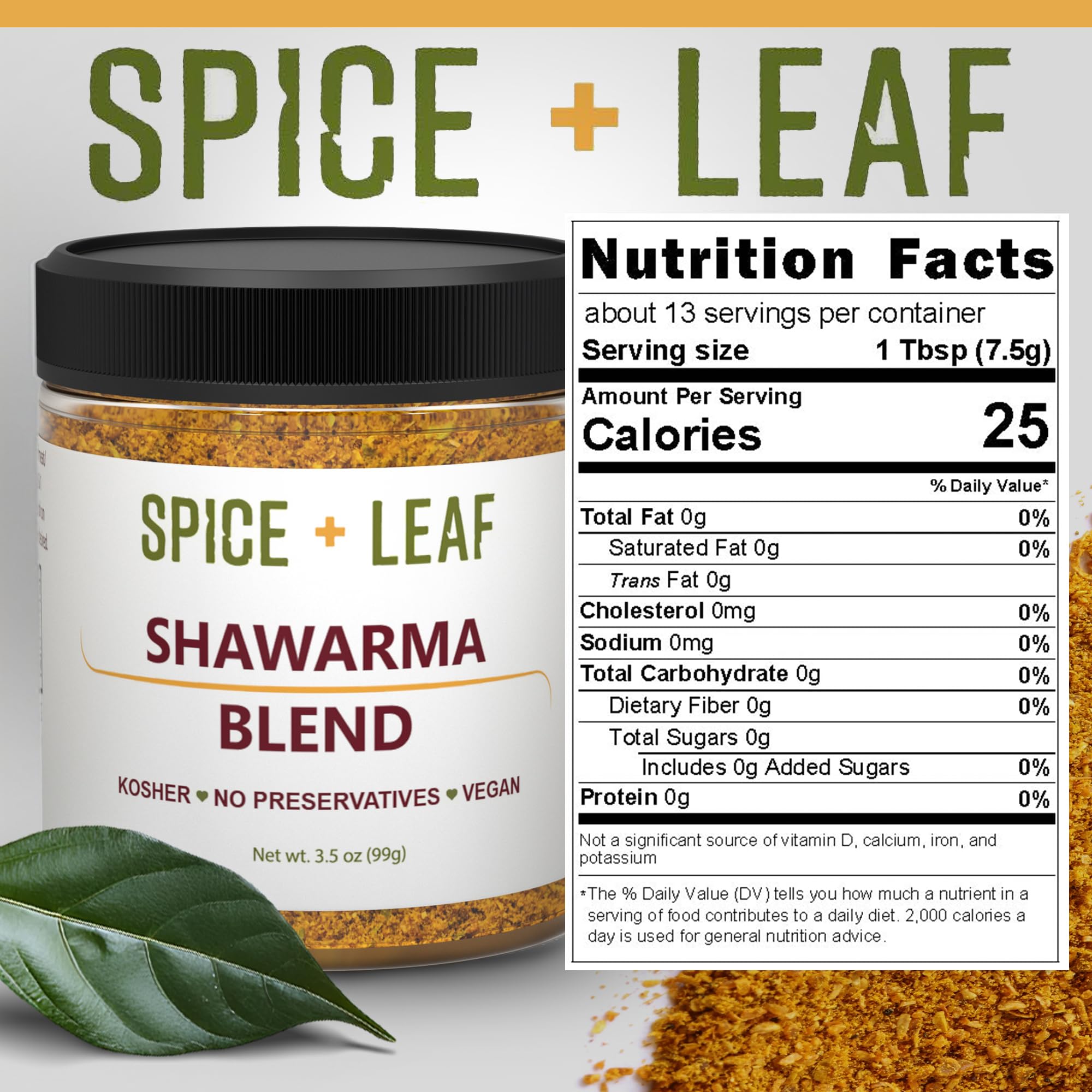 SPICE + LEAF Shawarma Spice Label highlighting kosher, vegan, and salt-free attributes.