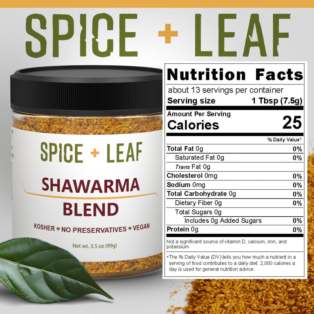SPICE + LEAF Shawarma Spice Label highlighting kosher, vegan, and salt-free attributes.