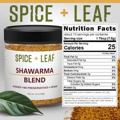 SPICE + LEAF Shawarma Spice Label highlighting kosher, vegan, and salt-free attributes.