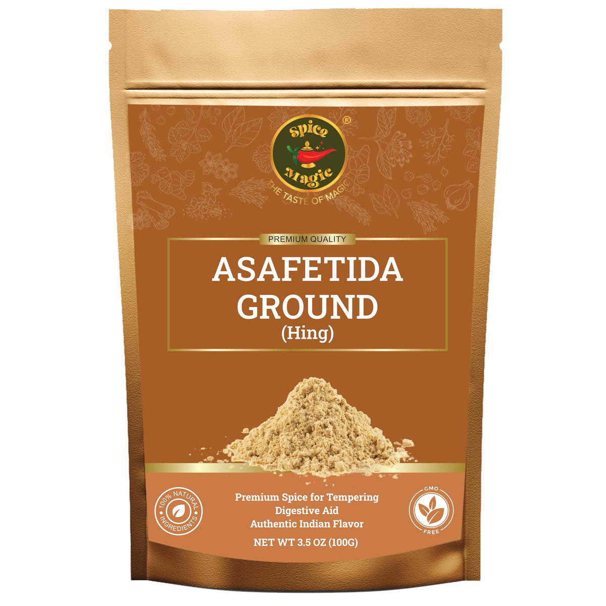 SPICE MAGIC Asafetida Ground Hing jar close-up, authentic Indian aroma.