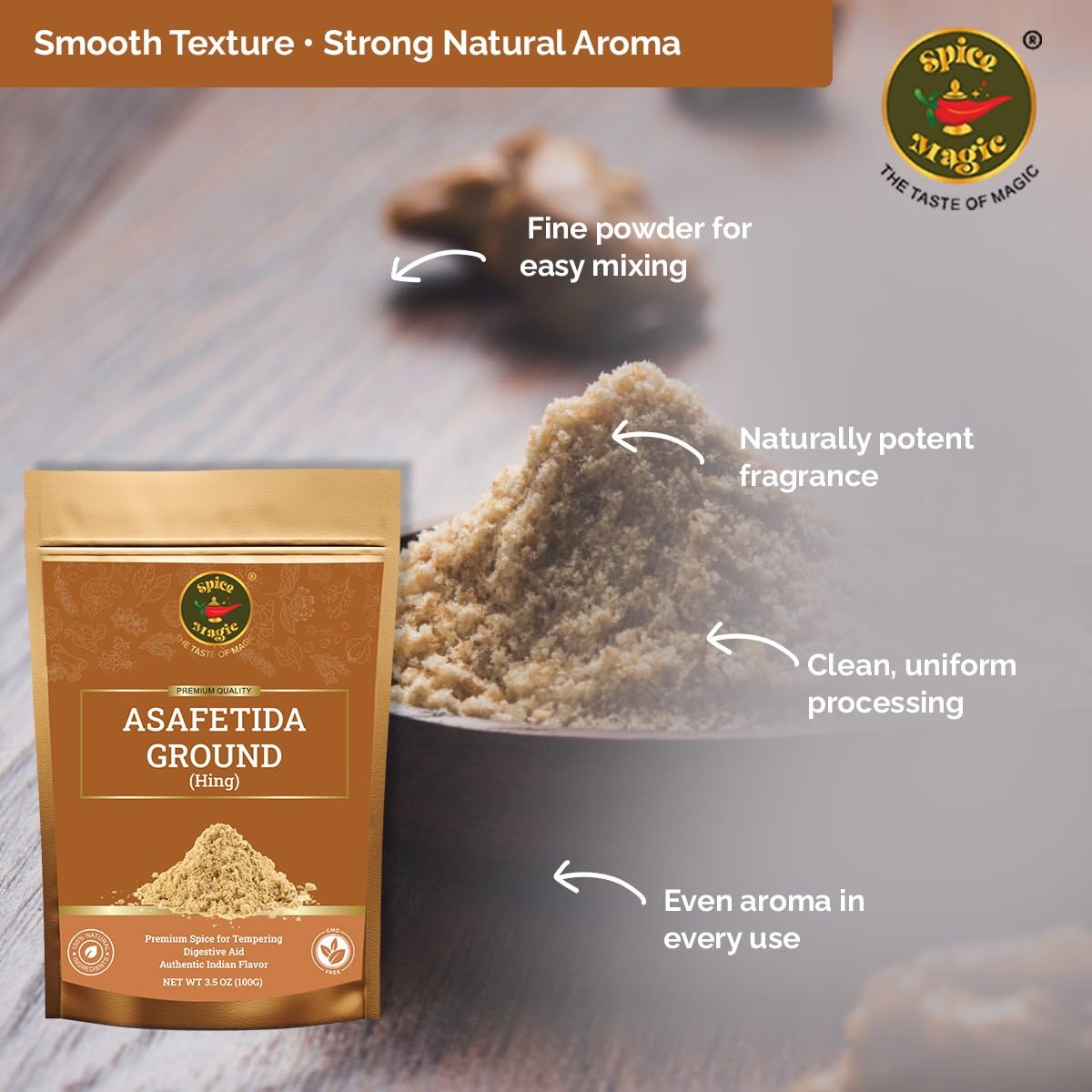 SPICE MAGIC Hing ground packaging from India, non-GMO quality.