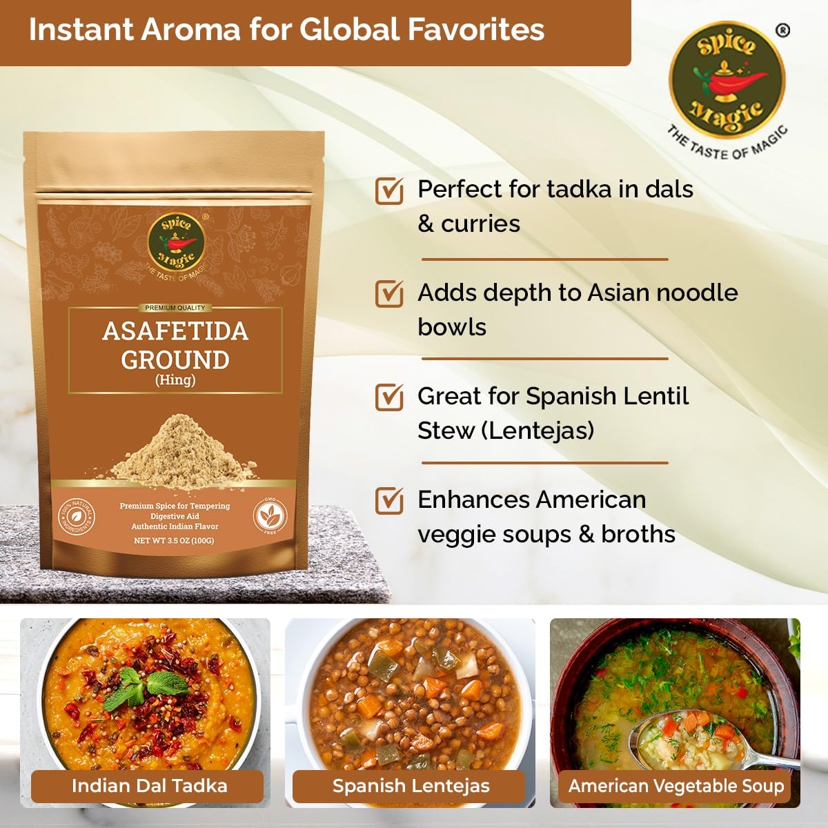 SPICE MAGIC Hing ground on spoon, ready to blend into sauces.
