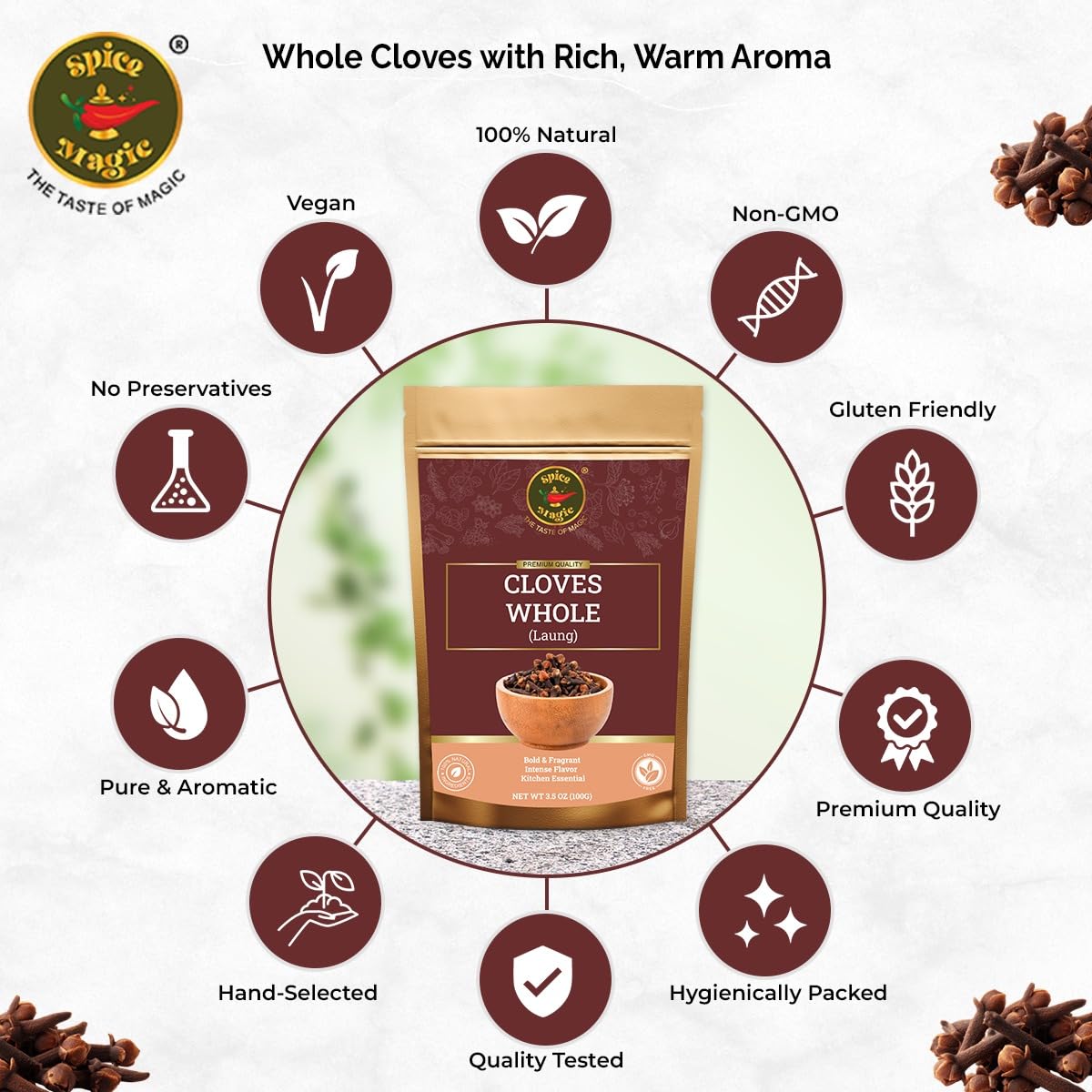 SPICE MAGIC Cloves Whole aroma closeup highlighting rich scent for curries.