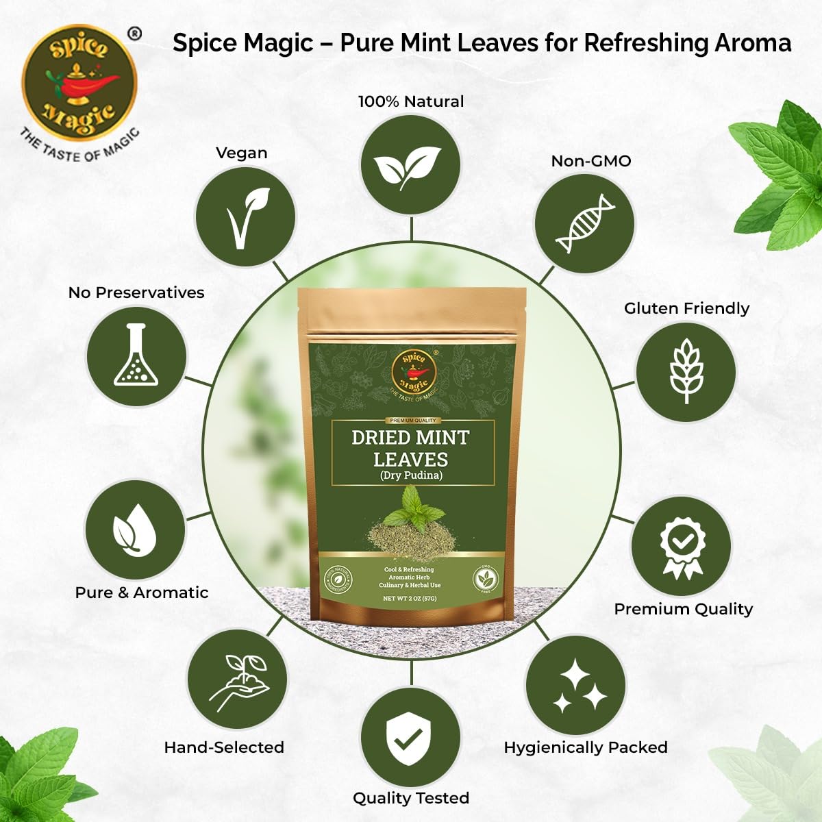 Spice Magic Dried Mint Leaves closeup-cut-sifted – bright aroma and crisp leaf texture