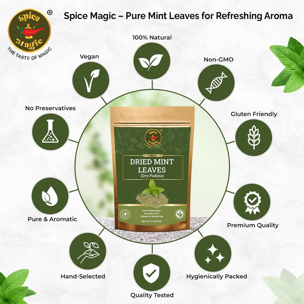 Spice Magic Dried Mint Leaves closeup-cut-sifted – bright aroma and crisp leaf texture