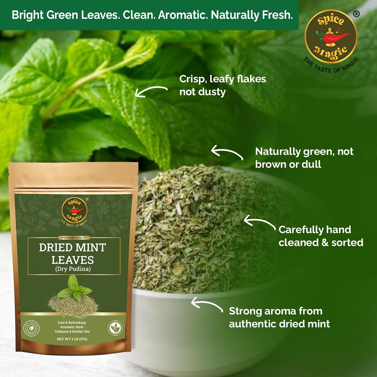 Spice Magic Dried Mint Leaves med-dish – bright flavor boost for Mediterranean recipes