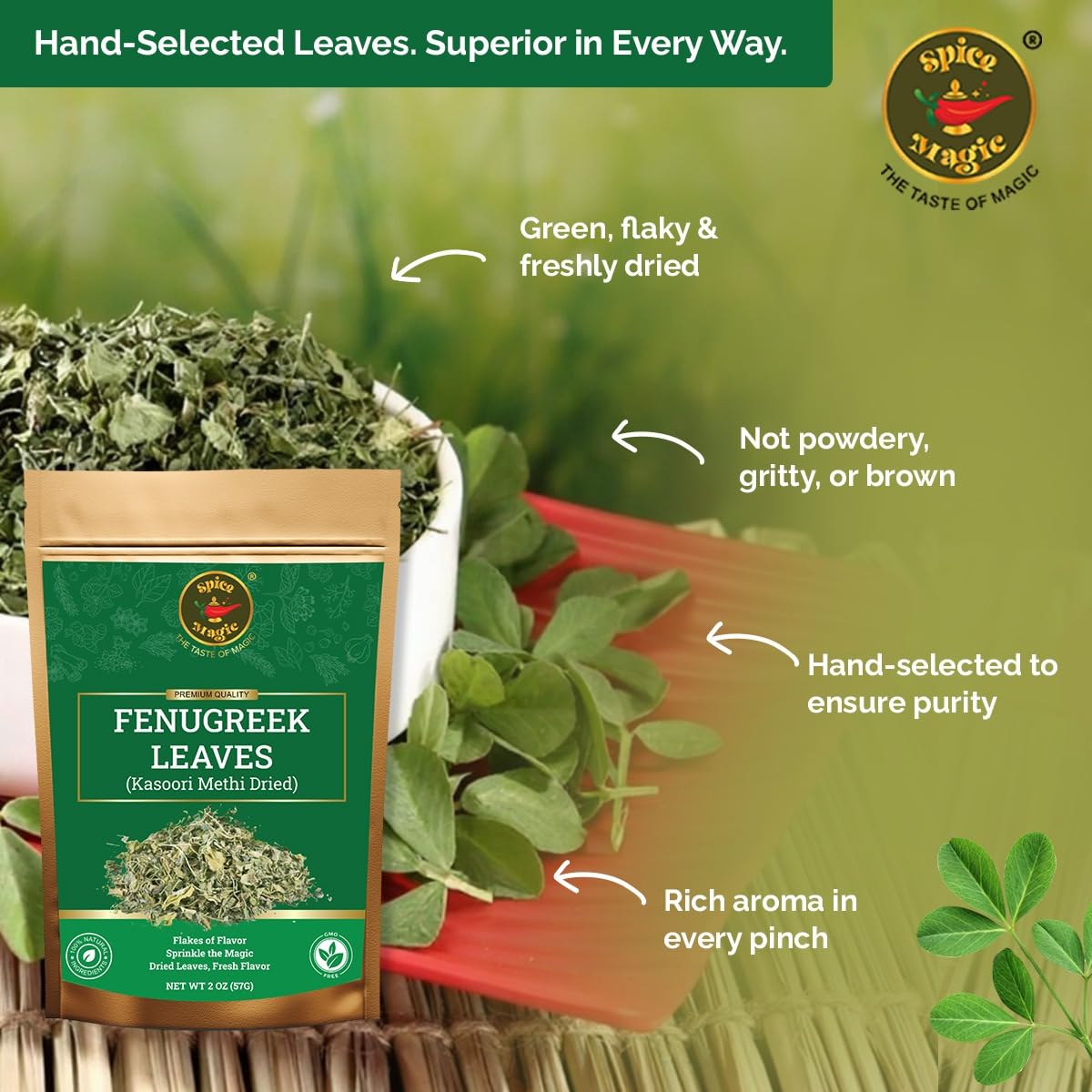 Close-up SPICE MAGIC fenugreek leaves elevating soups and stews