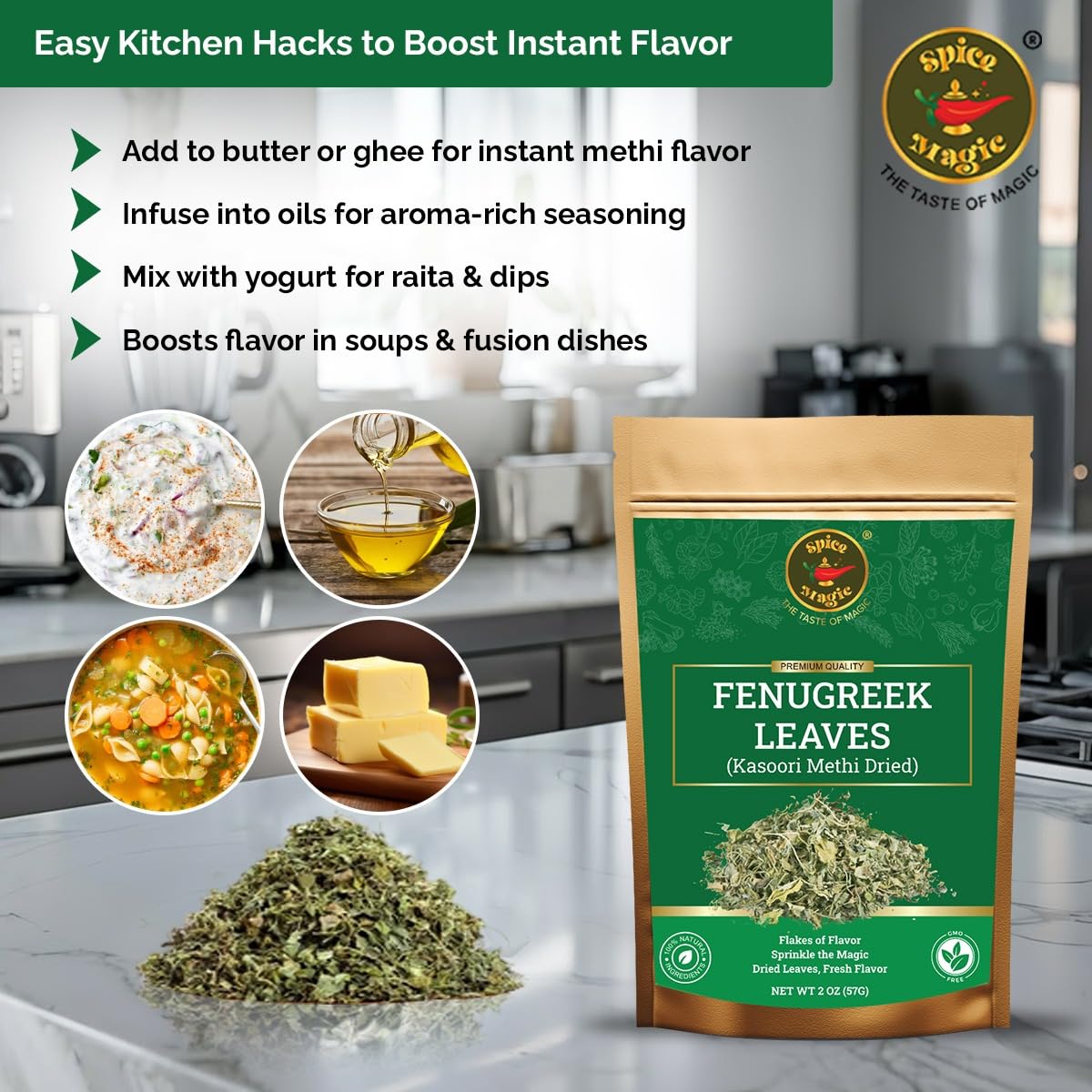 SPICE MAGIC fenugreek leaves label close-up highlighting freshness