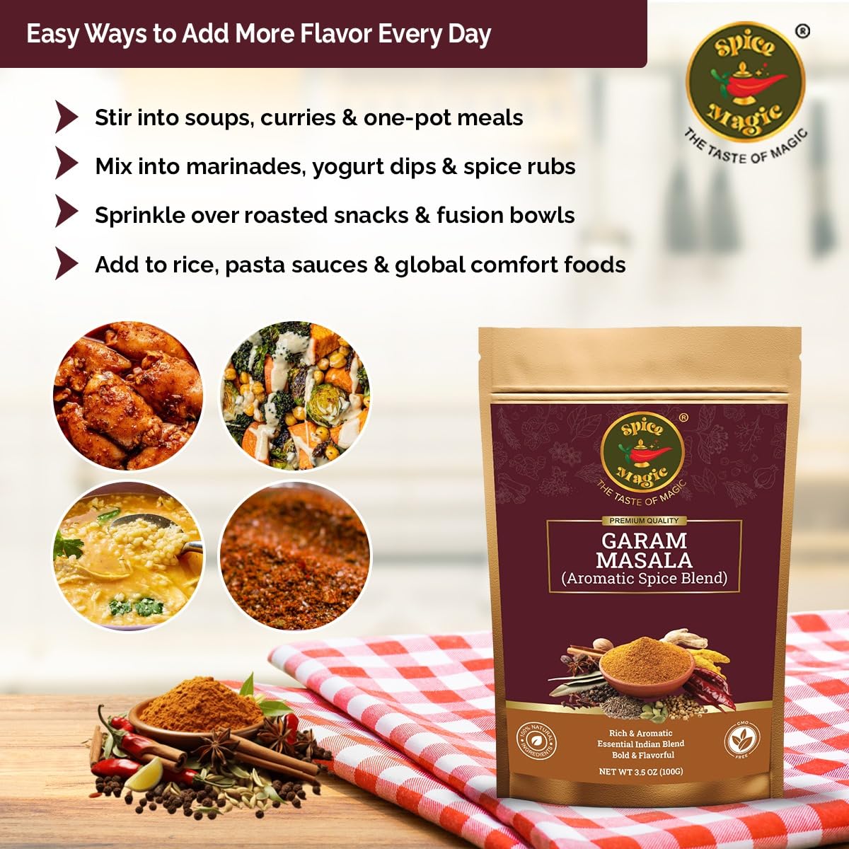 SPICE MAGIC Garam Masala bottle pour showcases premium spice blend.