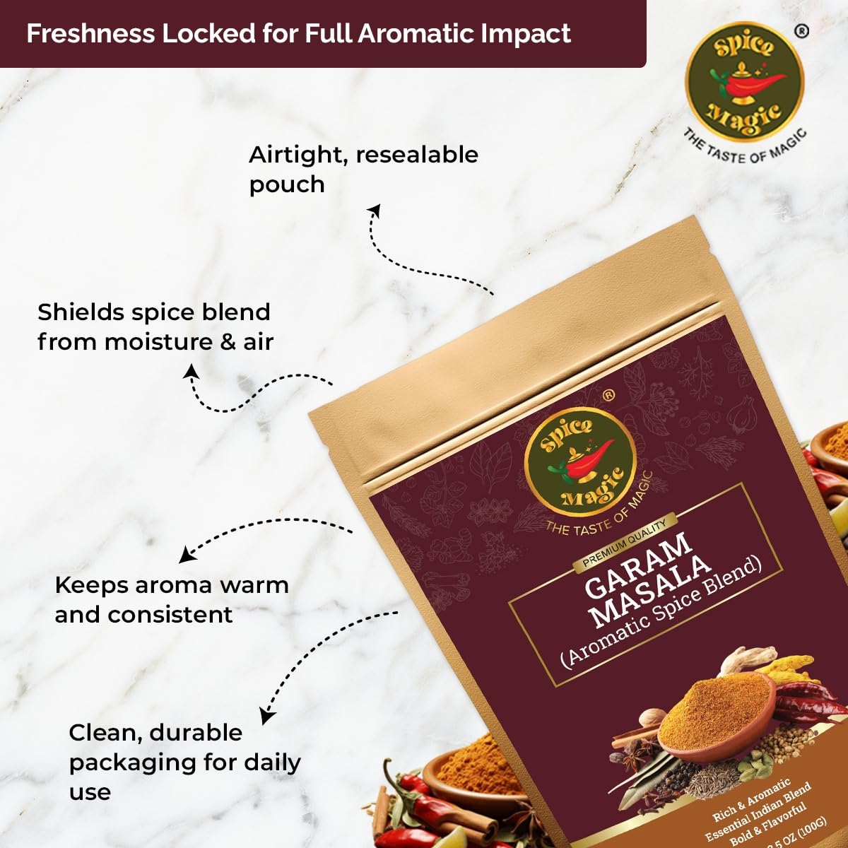 SPICE MAGIC Garam Masala jar label highlights all natural ingredients.