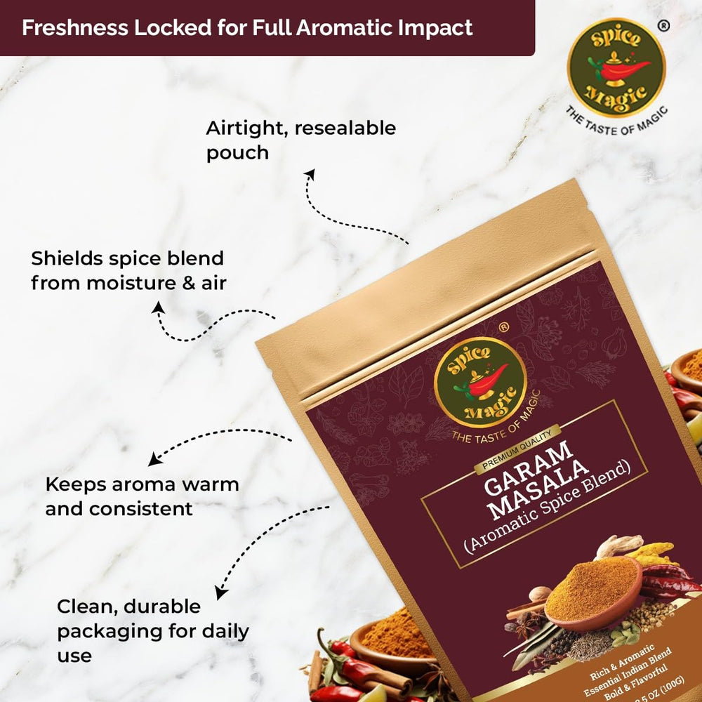 SPICE MAGIC Garam Masala jar label highlights all natural ingredients.