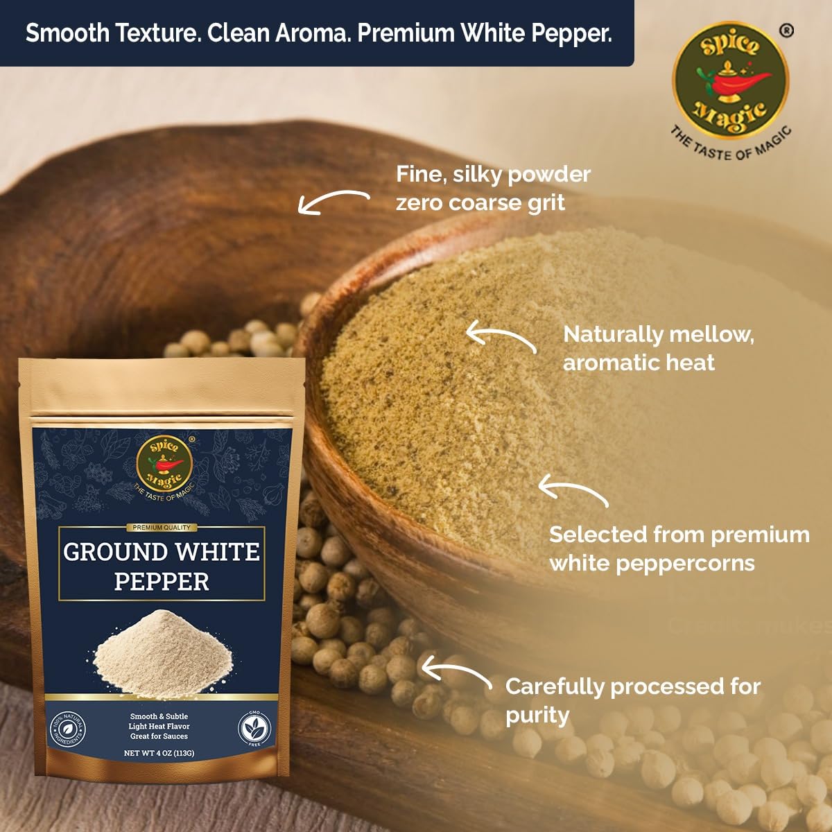SPICE MAGIC Ground White Pepper supports poultry recipes by adding mild heat without overpowering.