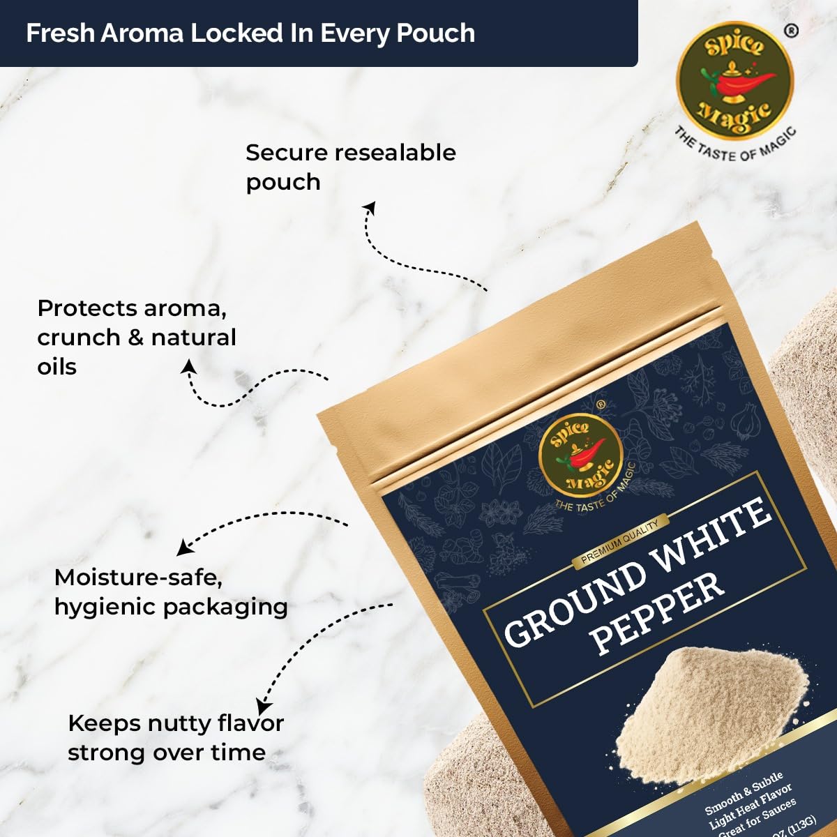 SPICE MAGIC Ground White Pepper blends invisibly into light dishes for refined presentation.