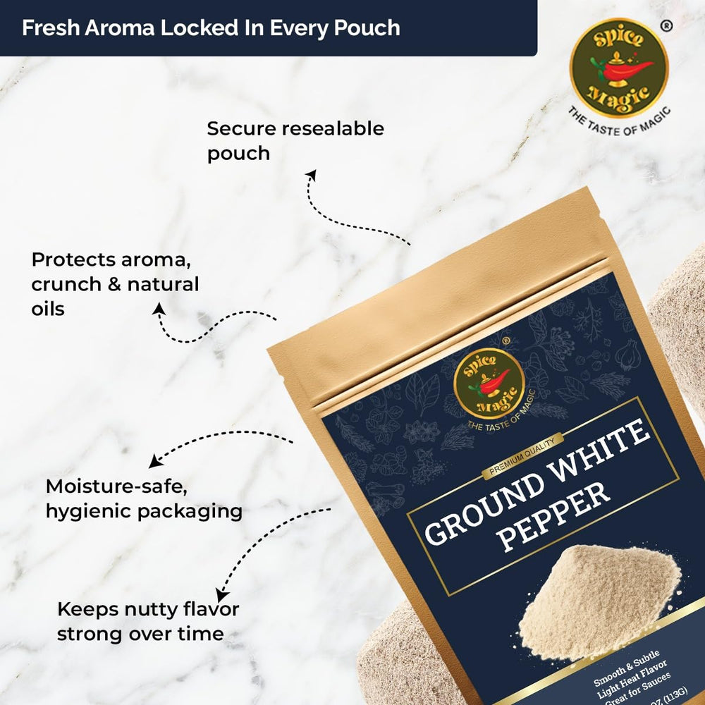 SPICE MAGIC Ground White Pepper blends invisibly into light dishes for refined presentation.