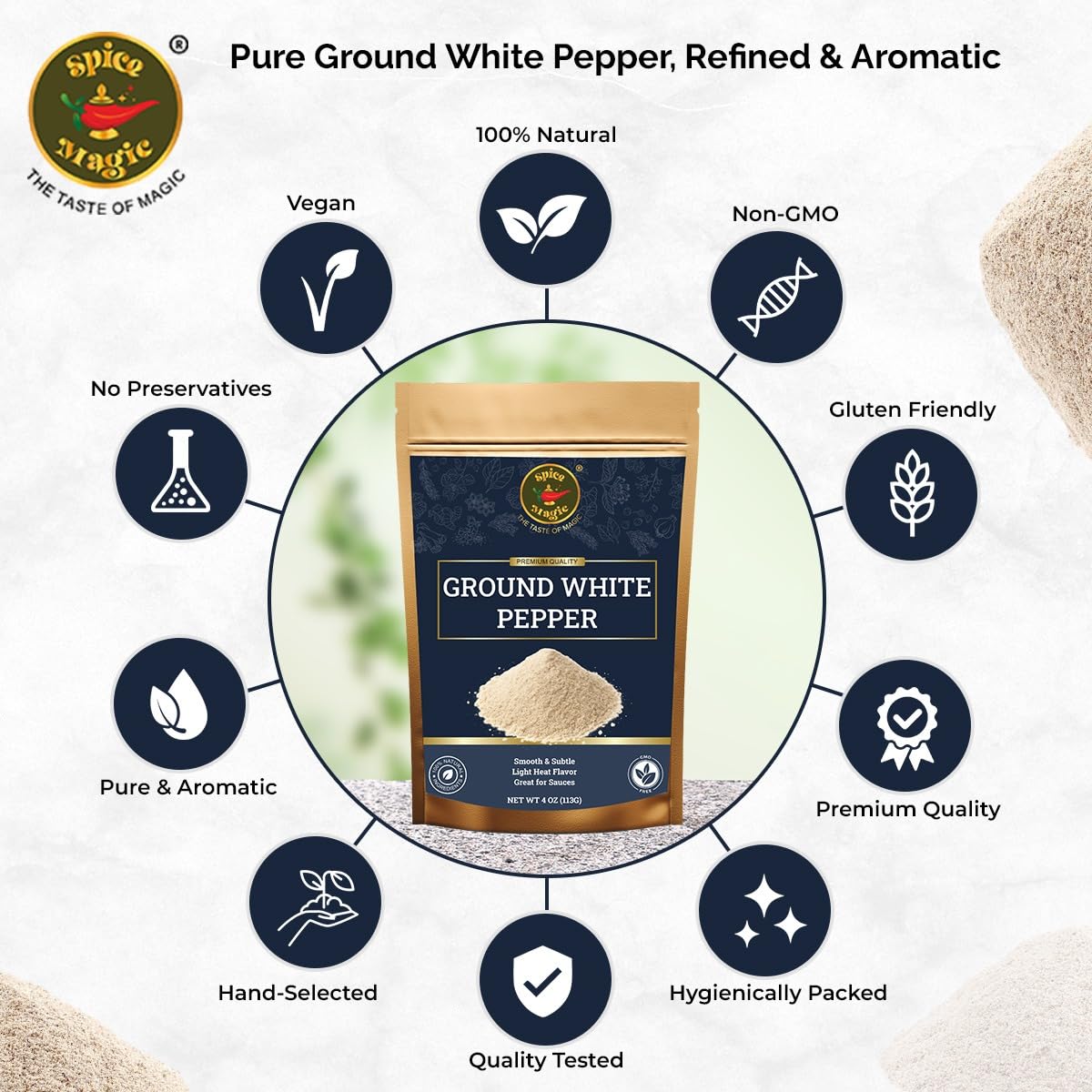 SPICE MAGIC Ground White Pepper pour spout, ideal for quick seasoning without clumps.