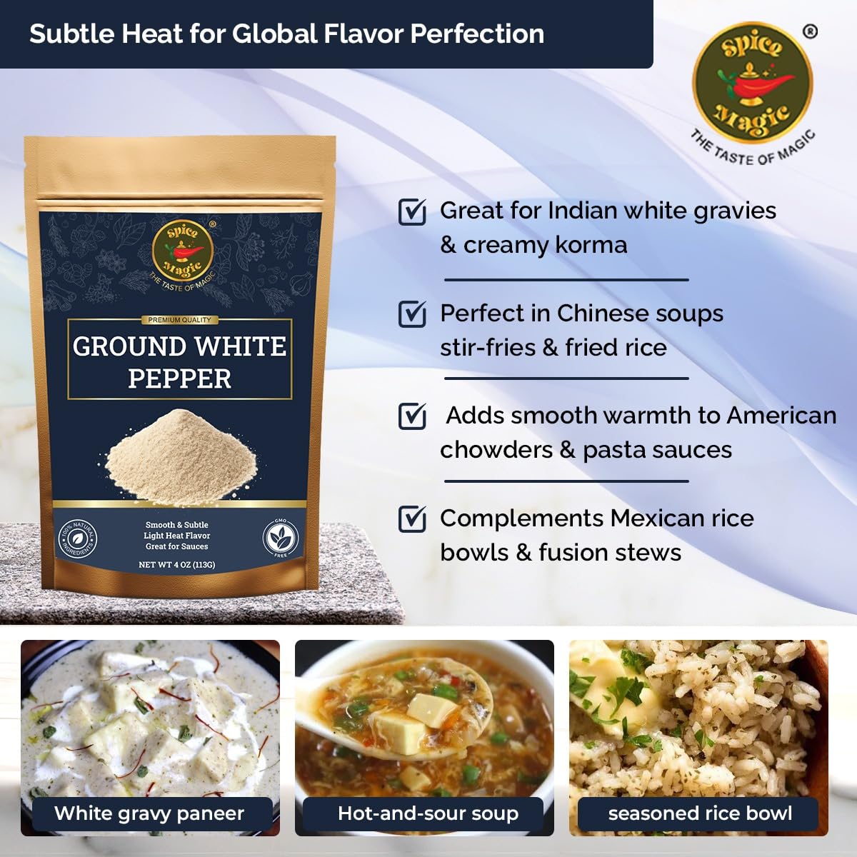SPICE MAGIC Ground White Pepper powder texture shows smooth consistency for even seasoning.