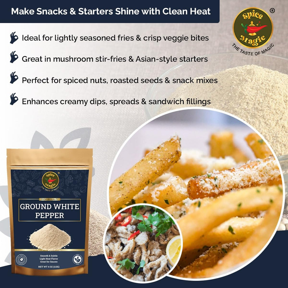 SPICE MAGIC Ground White Pepper pairs with seafood dishes to enhance delicate flavors.