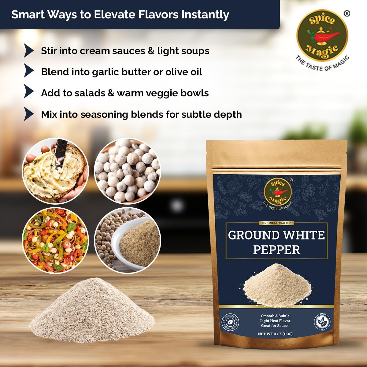 SPICE MAGIC Ground White Pepper enhances soups and creamy sauces with balanced aroma.