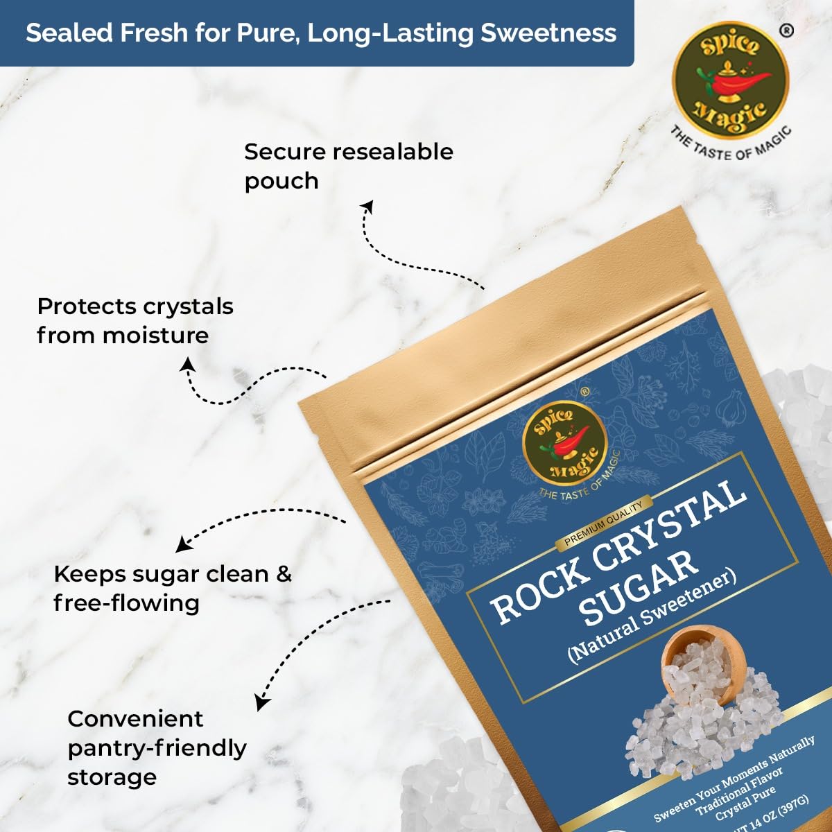 SPICE MAGIC Rock Crystal Sugar non-gmo-sugarcane delivers pure, natural sweetness.