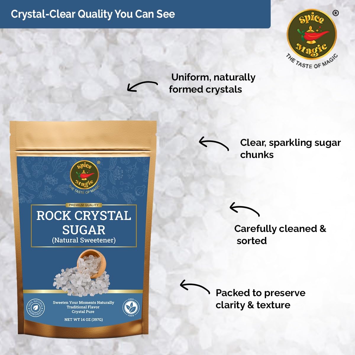 SPICE MAGIC Rock Crystal Sugar resealable-pouch keeps crystals fresh after opening.