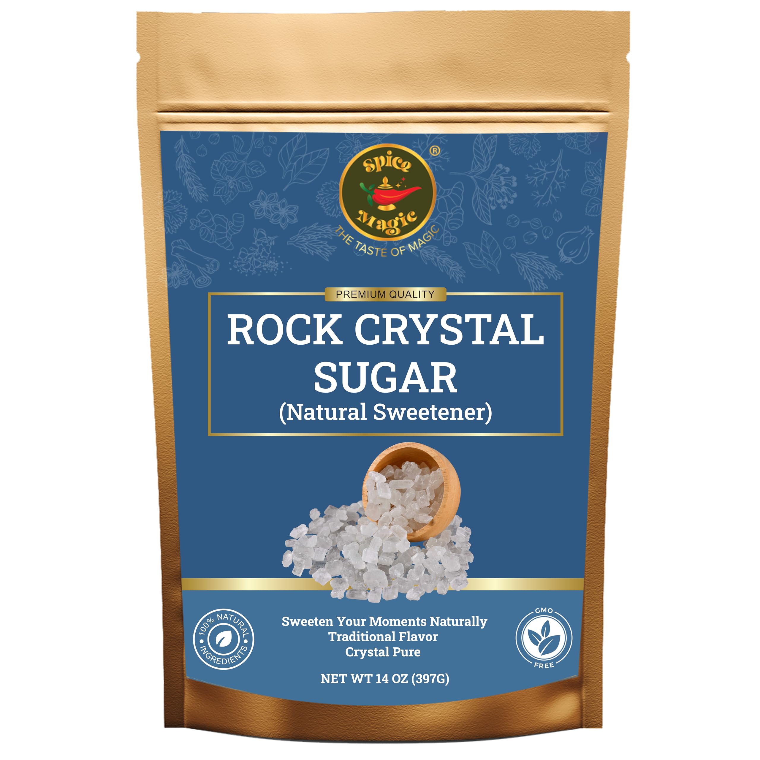 SPICE MAGIC Rock Crystal Sugar tea-stir demonstrates slow-release sweetness for tea.