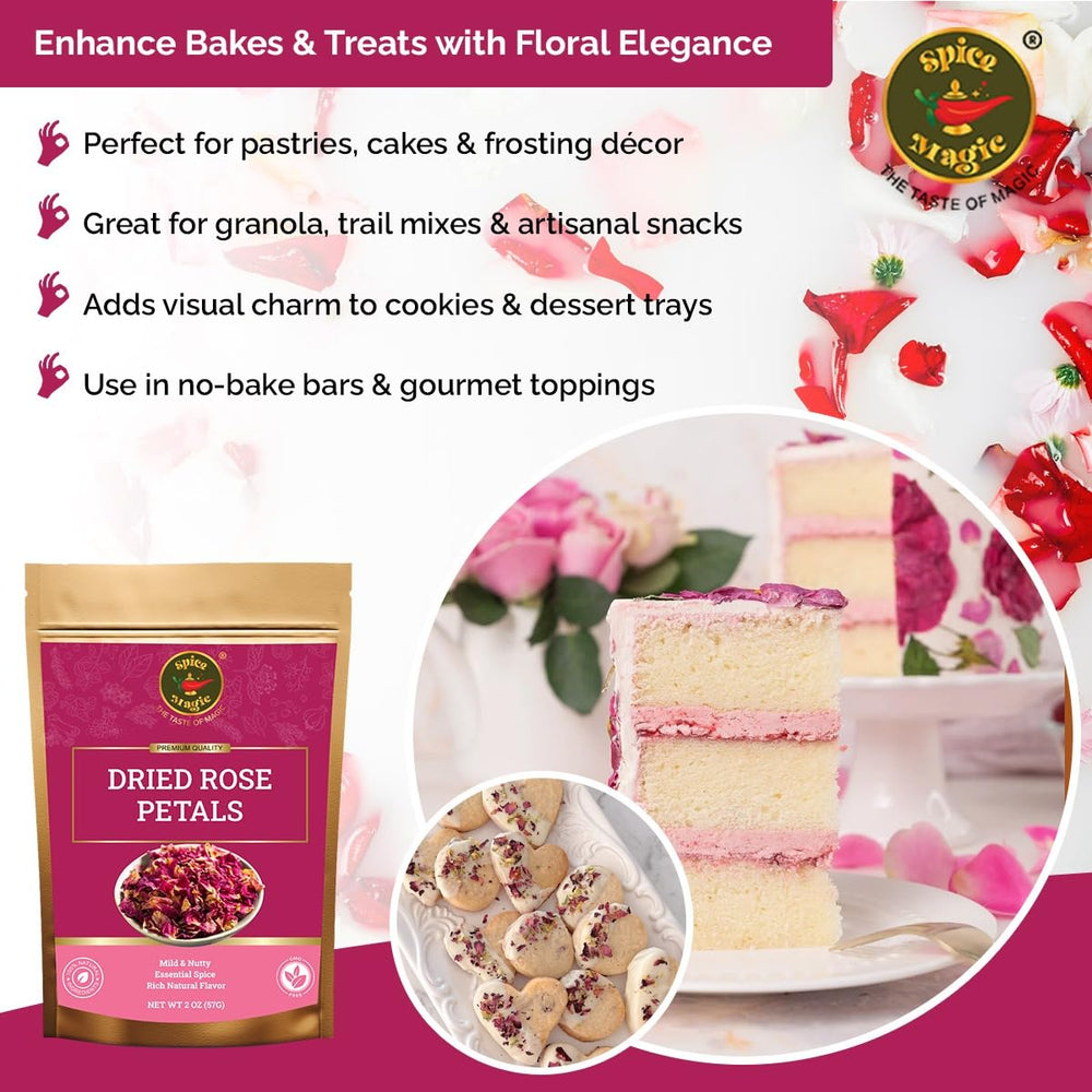 SPICE MAGIC rose petals baking ingredient enhances desserts with natural color.