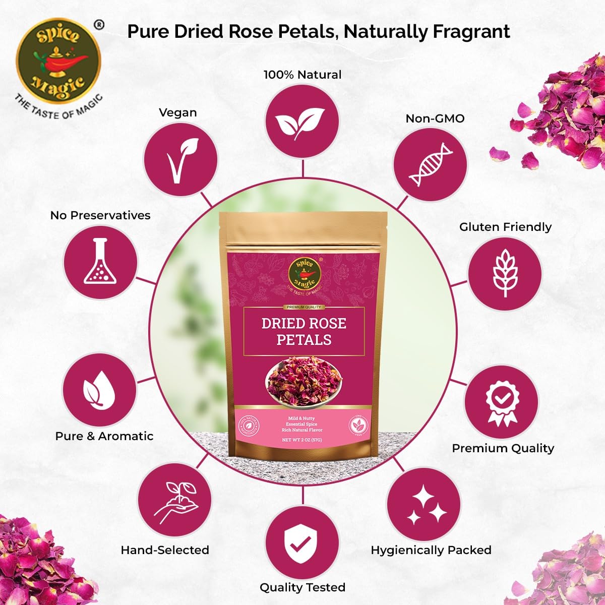 SPICE MAGIC rose petals cupcake topping demonstrates elegant garnish and subtle sweetness.