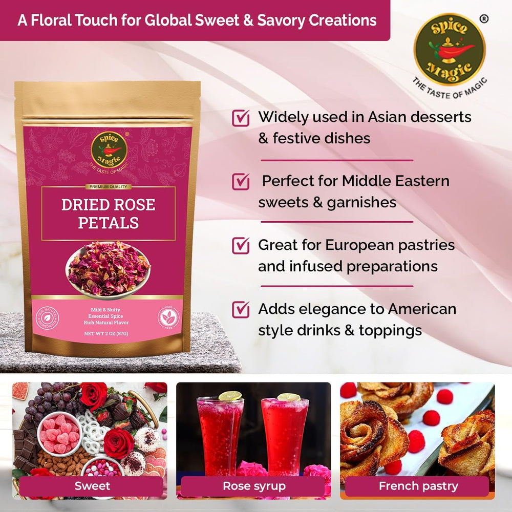 SPICE MAGIC rose petals dessert garnish adds floral flair to cakes and pastries.