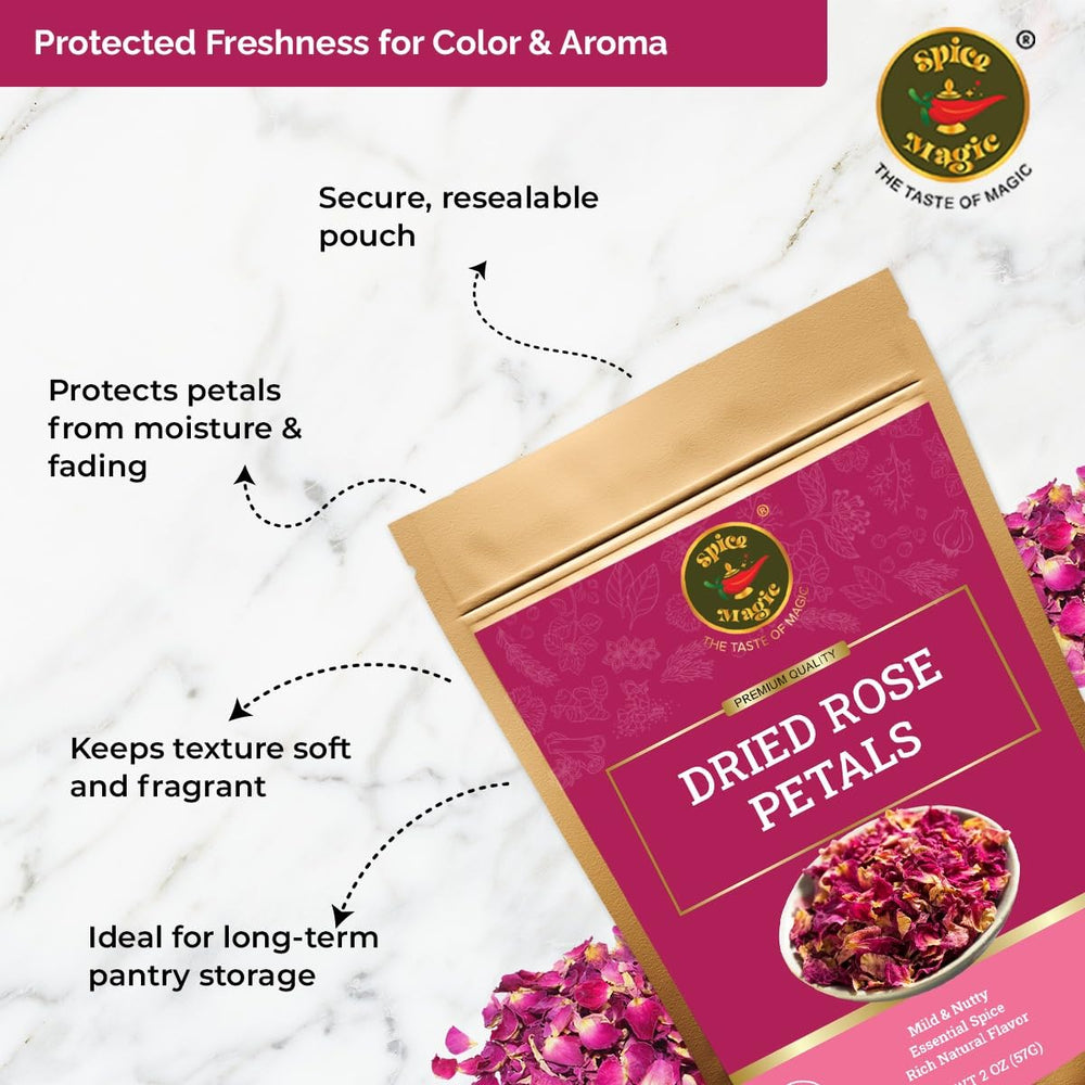 SPICE MAGIC rose petals kitchen decor visual for festive table setting.