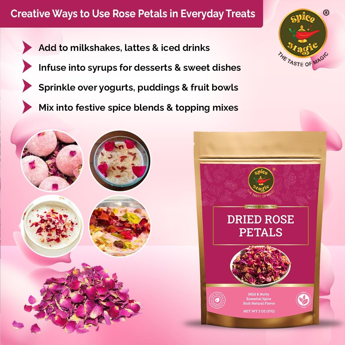 SPICE MAGIC rose petals clear 2oz pack highlights fresh packaging and freshness.